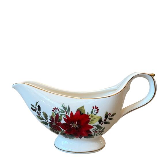 Grace Teaware Christmas Poinsettia Porcelain Footed Gravy Boat New - Picture 4 of 11